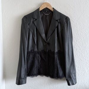 Elie Tahari Black Leather Blazer Jacket With Lace Detailing Size M
